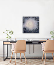 Load image into Gallery viewer, It is an original abstract painting with a central mauve orb expressing radiating light through the dark background. The Painting is hung in a bright space over a desk with two chairs.
