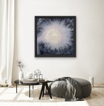 Load image into Gallery viewer, It is an original abstract painting with a central mauve orb expressing radiating light through the dark background. The Painting is hung on a wall in a softly lite meditation room.room 
