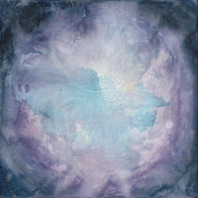 Load image into Gallery viewer, An abstract painting of ethereal wafts of turquoise and white emitting from a central pale purple, circular shape.  Misty rays transition to dark indigo edges with a whisper of the flower of life pattern forming.
