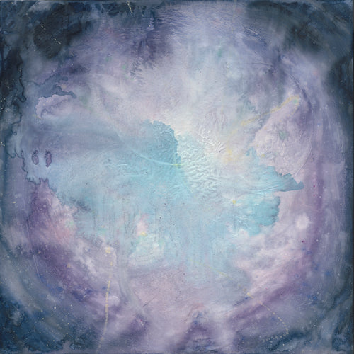 An abstract painting of ethereal wafts of turquoise and white emitting from a central pale purple, circular shape.  Misty rays transition to dark indigo edges with a whisper of the flower of life pattern forming.