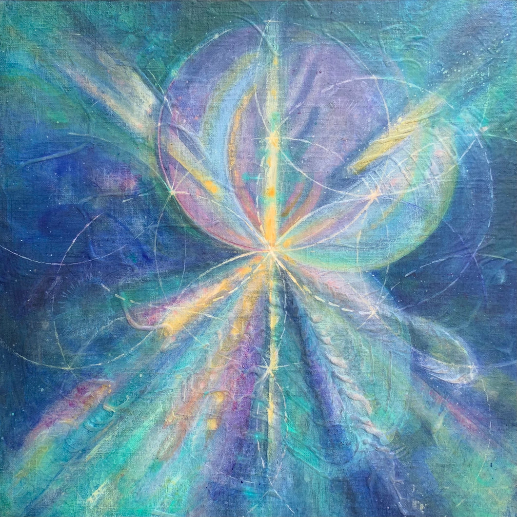 Mystical abstract painting with a central yellow spark radiating outwards in purple, green and blue flares. Sacred geometry is sketched on the surface in white tracing the flower of life pattern.