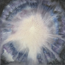 Load image into Gallery viewer, Soft clear central radiating light emits through dark concentric rings of purple, blue, and black. A small crack in the center reveals the gold underneath. 
