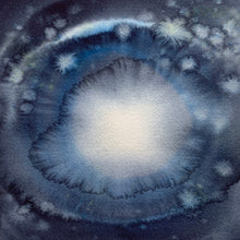 Load image into Gallery viewer, Cosmic feeling watercolour painting. Clear white light centrally radiates and sparks through indigo and cerulean atmosphere.
