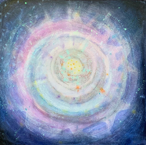 Abstract square painting bursting with cosmic energy. Its vibrant yellow orb radiates out to pink and purple hues before fading to a deep, dark blue.
