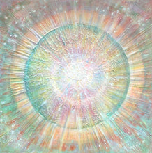 Load image into Gallery viewer, Abstract painting with a green orb emanating golden rays from clear light spiral center.
